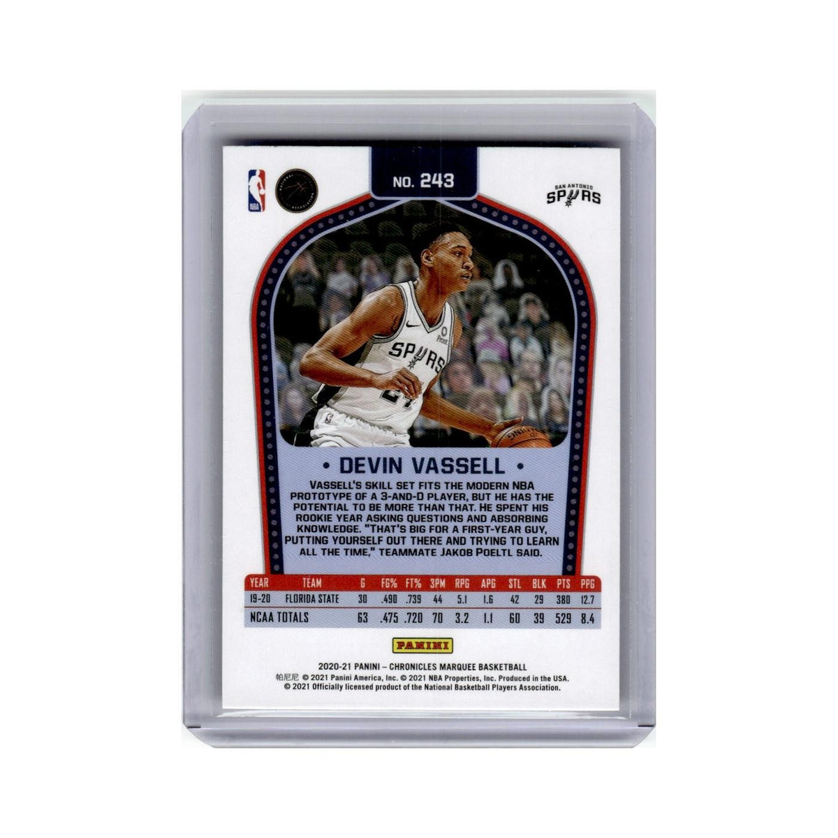 Devin Vassell Rookie 2020 Panini Chronicles Marquee #243 San Antonio Spurs NM