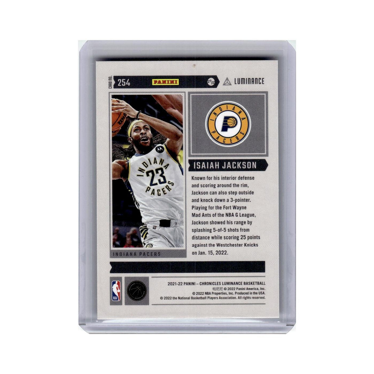 Isaiah Jackson Rookie 2021 Panini Chronicles Luminance #254 Indiana Pacers NM