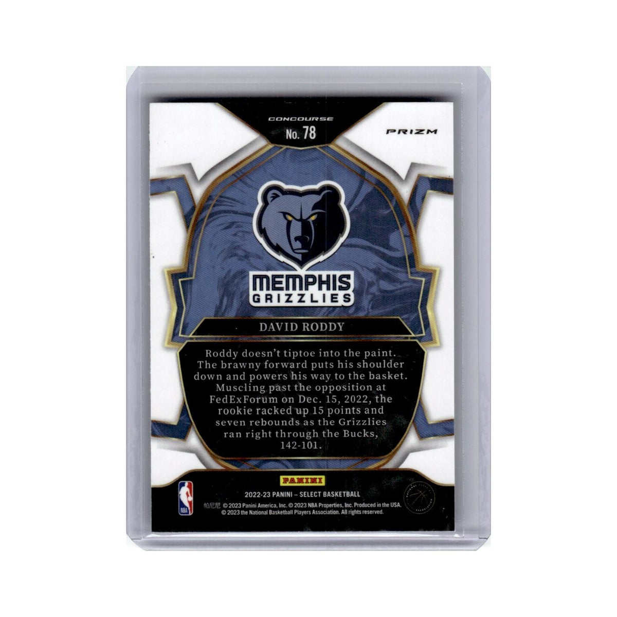 David Roddy Rookie 2022 Panini Select Prizm #78 Memphis Grizzlies NM