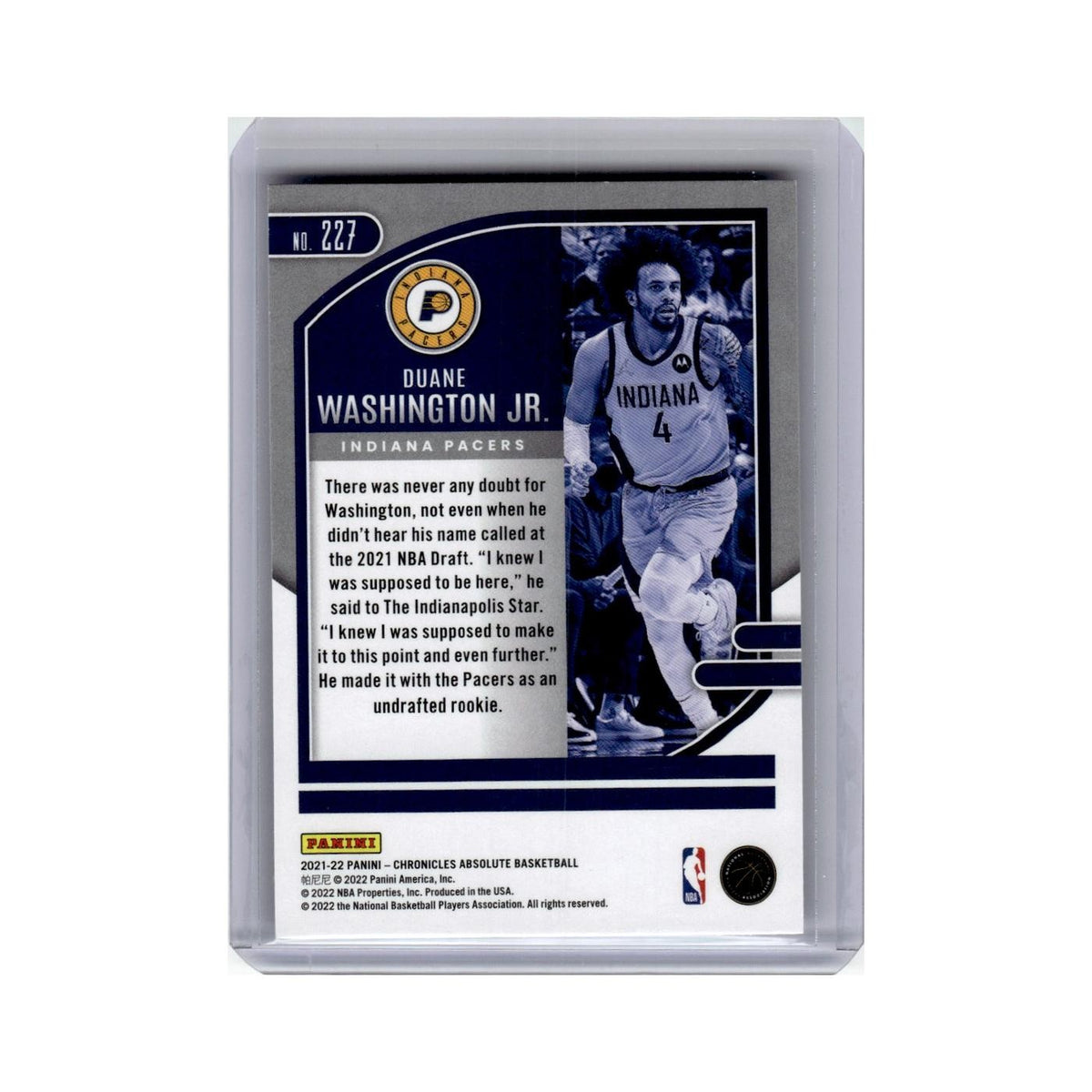 Duane Washington Jr. Rookie 2021 Panini Chronicles Absolute #227 Pacers NM