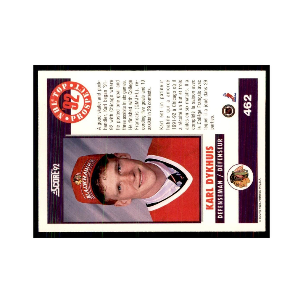 1992 Score Canadian Karl Dykhuis RC Chicago Blackhawks #462
