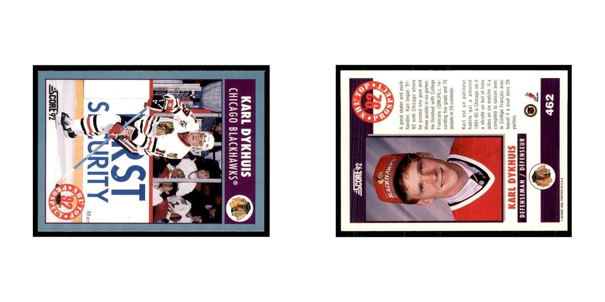 1992 Score Canadian Karl Dykhuis RC Chicago Blackhawks #462