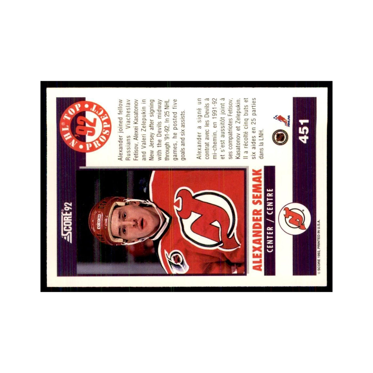1992 Score Canadian Alexander Semak New Jersey Devils #451