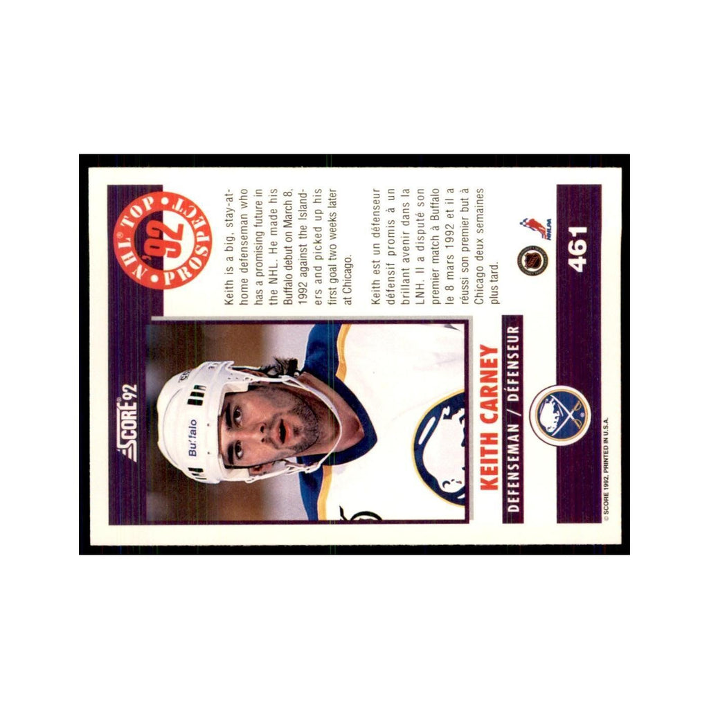 1992 Score Canadian Keith Carney RC Buffalo Sabres #461