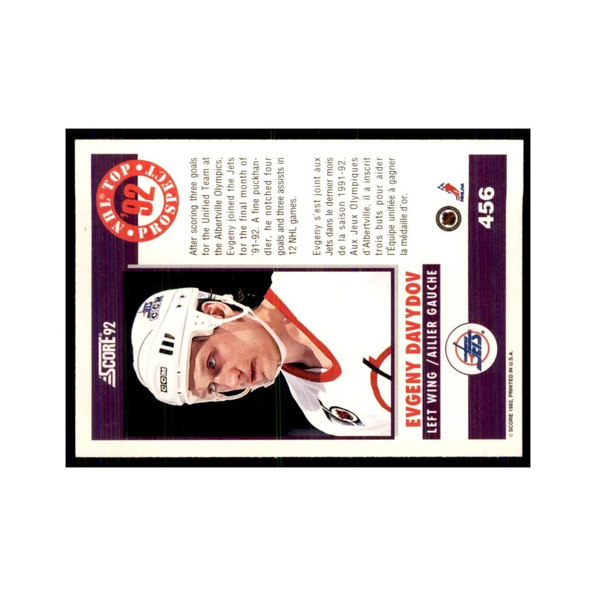 1992 Score Canadian Evgeny Davydov RC Winnipeg Jets #456