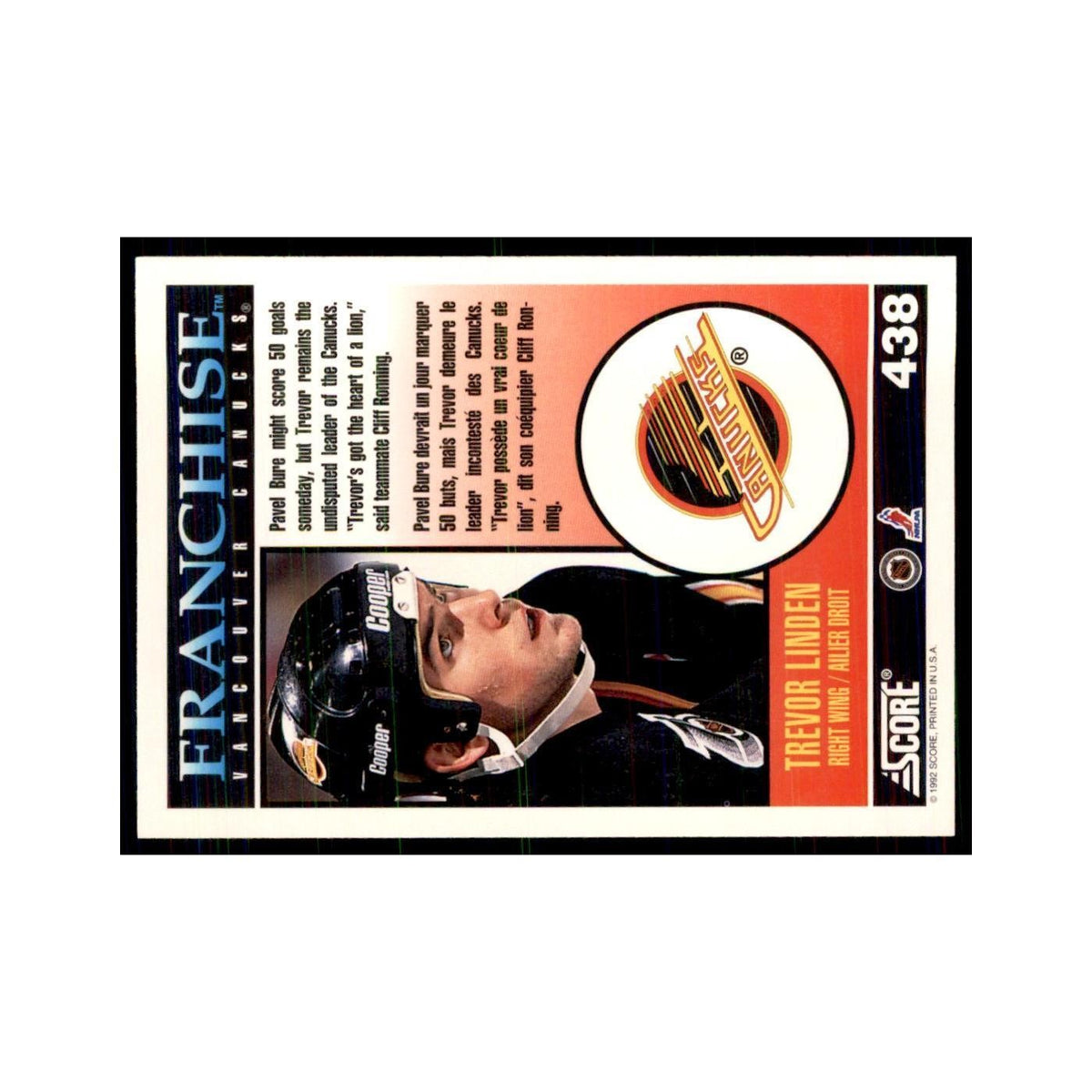 1992 Score Canadian Trevor Linden Vancouver Canucks #438