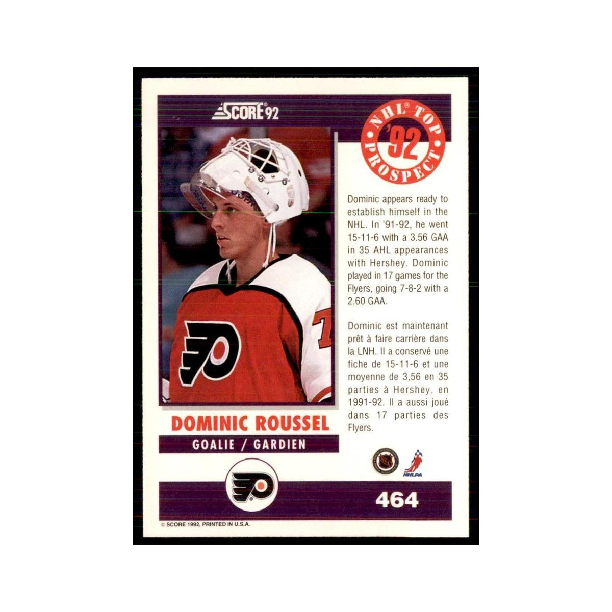 1992 Score Canadian Dominic Roussel RC Philadelphia Flyers #464