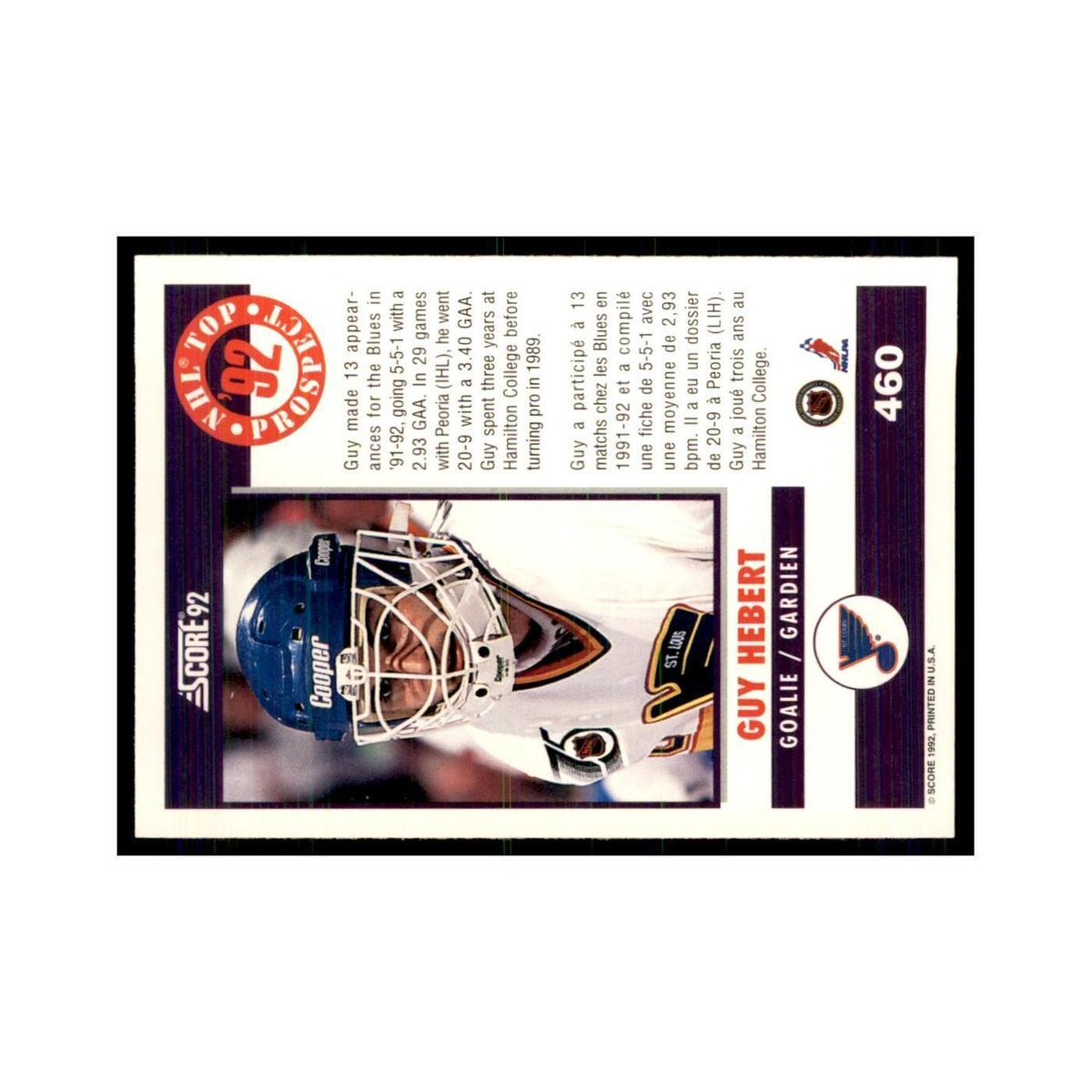 1992 Score Canadian Guy Hebert RC St. Louis Blues #460