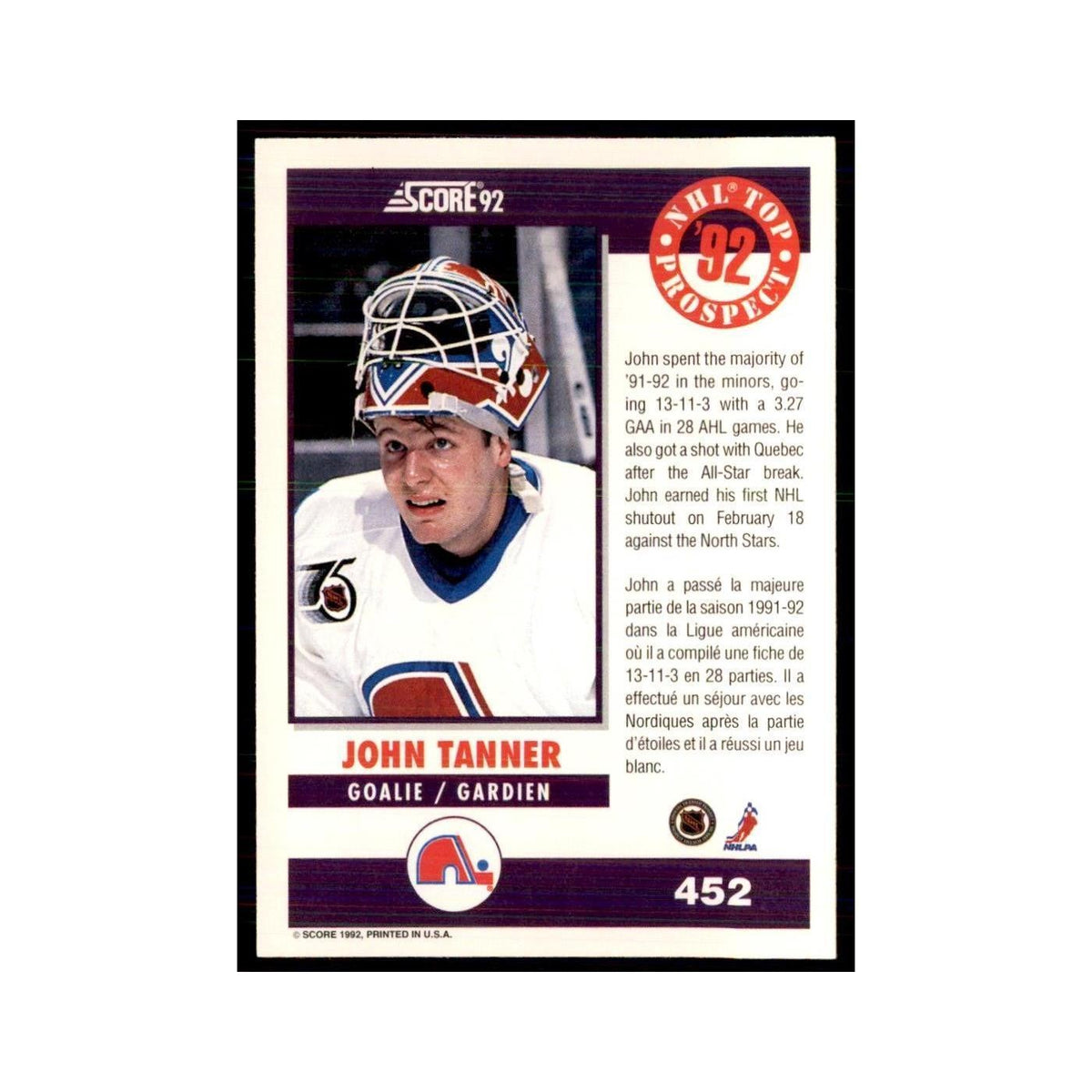 1992 Score Canadian John Tanner Quebec Nordiques #452