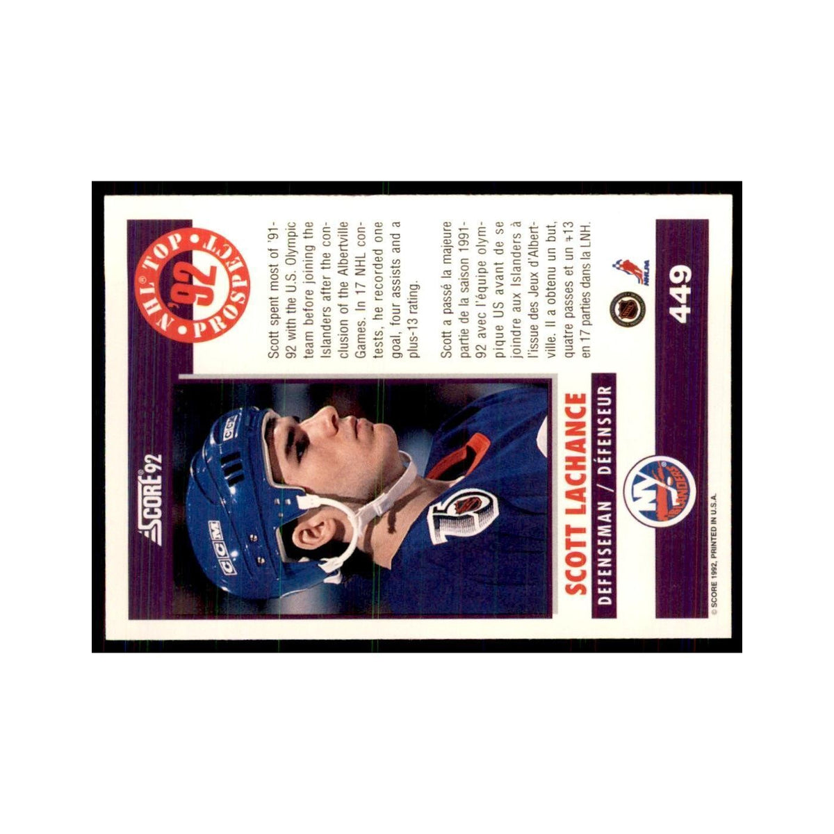 1992 Score Canadian Scott Lachance New York Islanders #449
