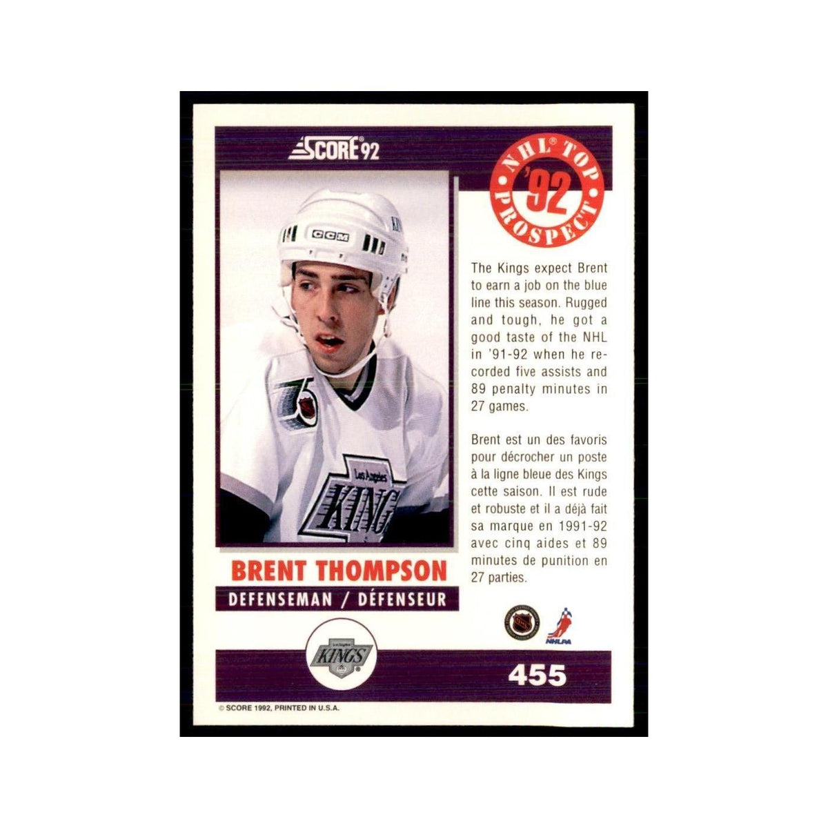 1992 Score Canadian Brent Thompson RC Los Angeles Kings #455