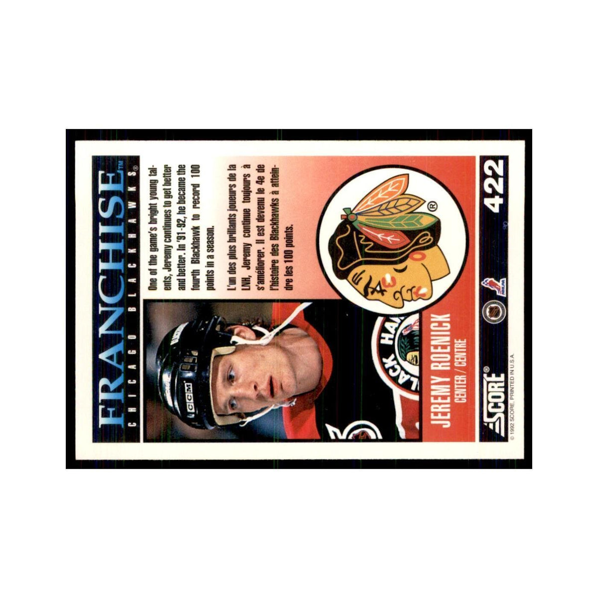 1992 Score Canadian Jeremy Roenick Chicago Blackhawks #422