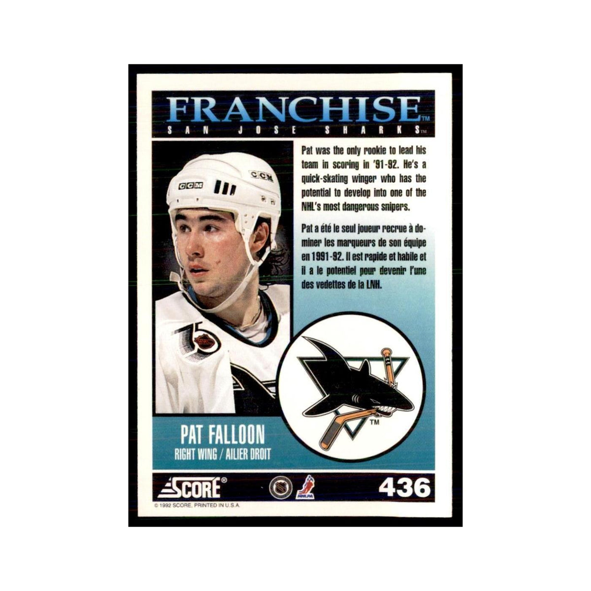 1992 Score Canadian Pat Falloon San Jose Sharks #436