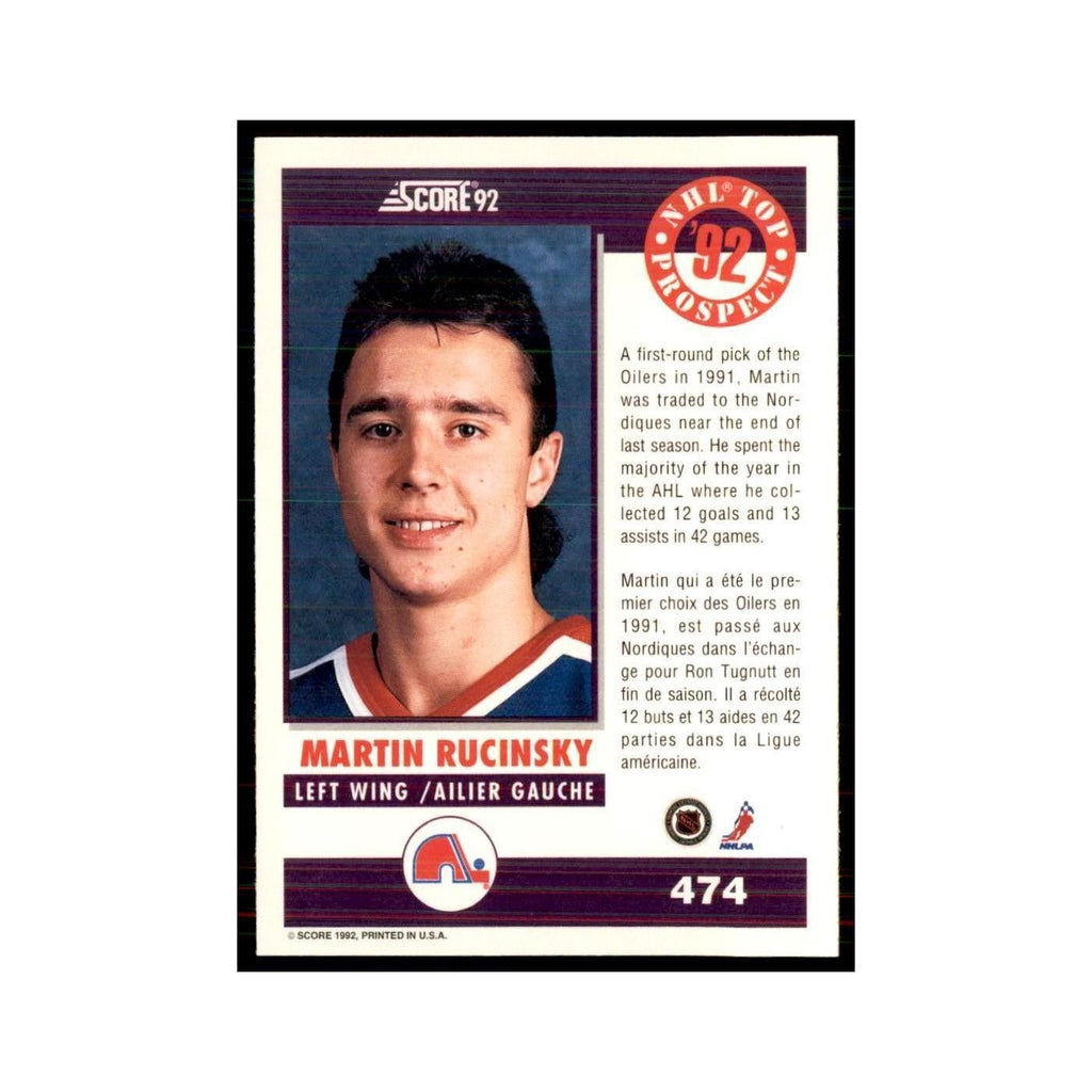 1992 Score Canadian Martin Rucinsky RC Quebec Nordiques #474