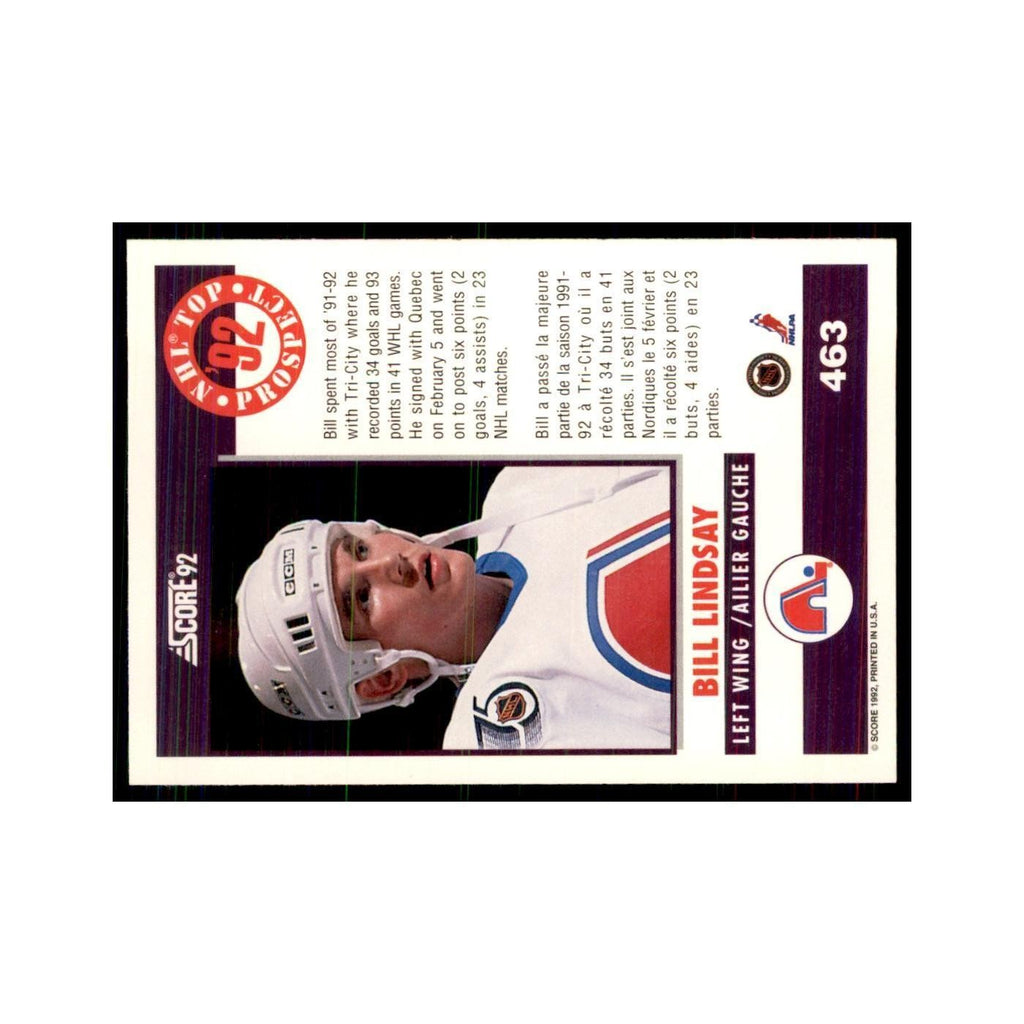 1992 Score Canadian Bill Lindsay RC Quebec Nordiques #463