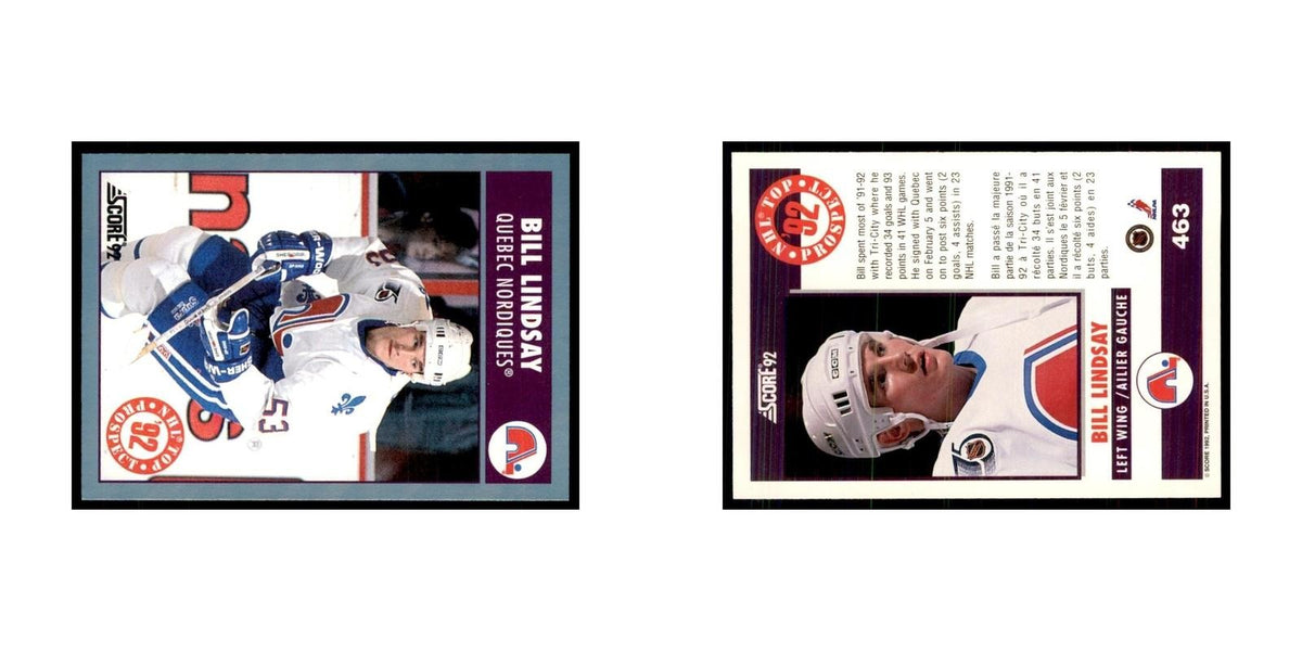 1992 Score Canadian Bill Lindsay RC Quebec Nordiques #463
