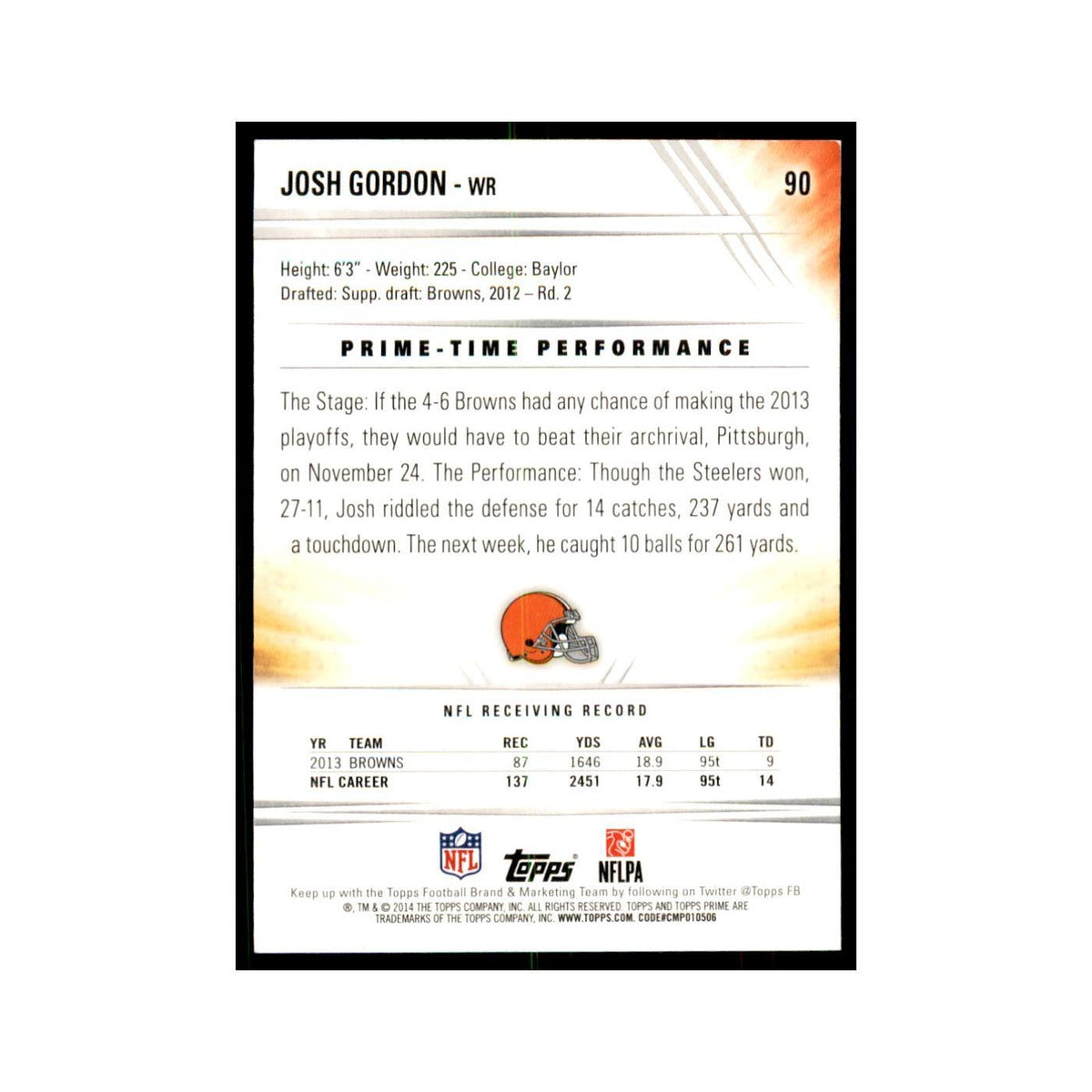 2014 Topps Prime Gold Josh Gordon Football Cards #90