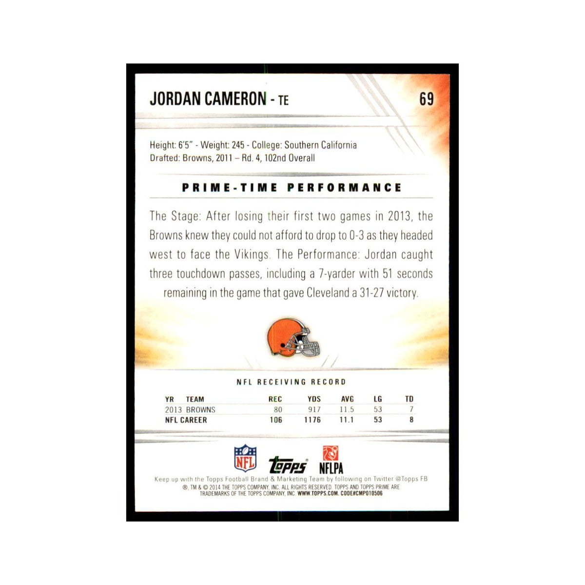 2014 Topps Prime Gold Jordan Cameron Football Cards #69