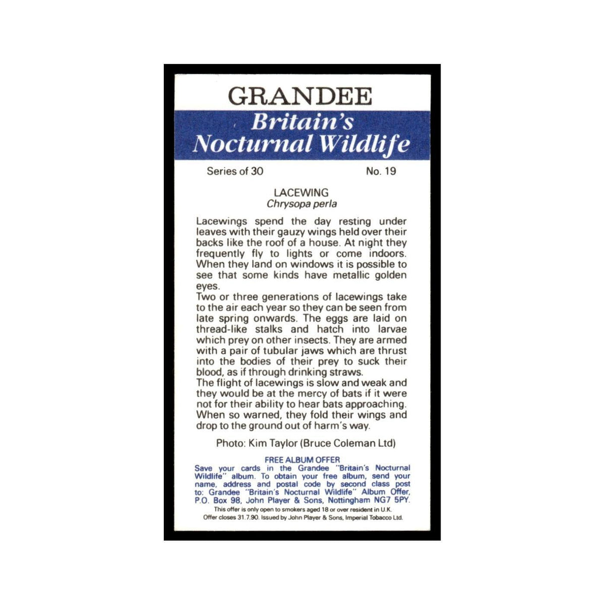1987 Grandee Britain's Nocturnal Wildlife Lacewing #19
