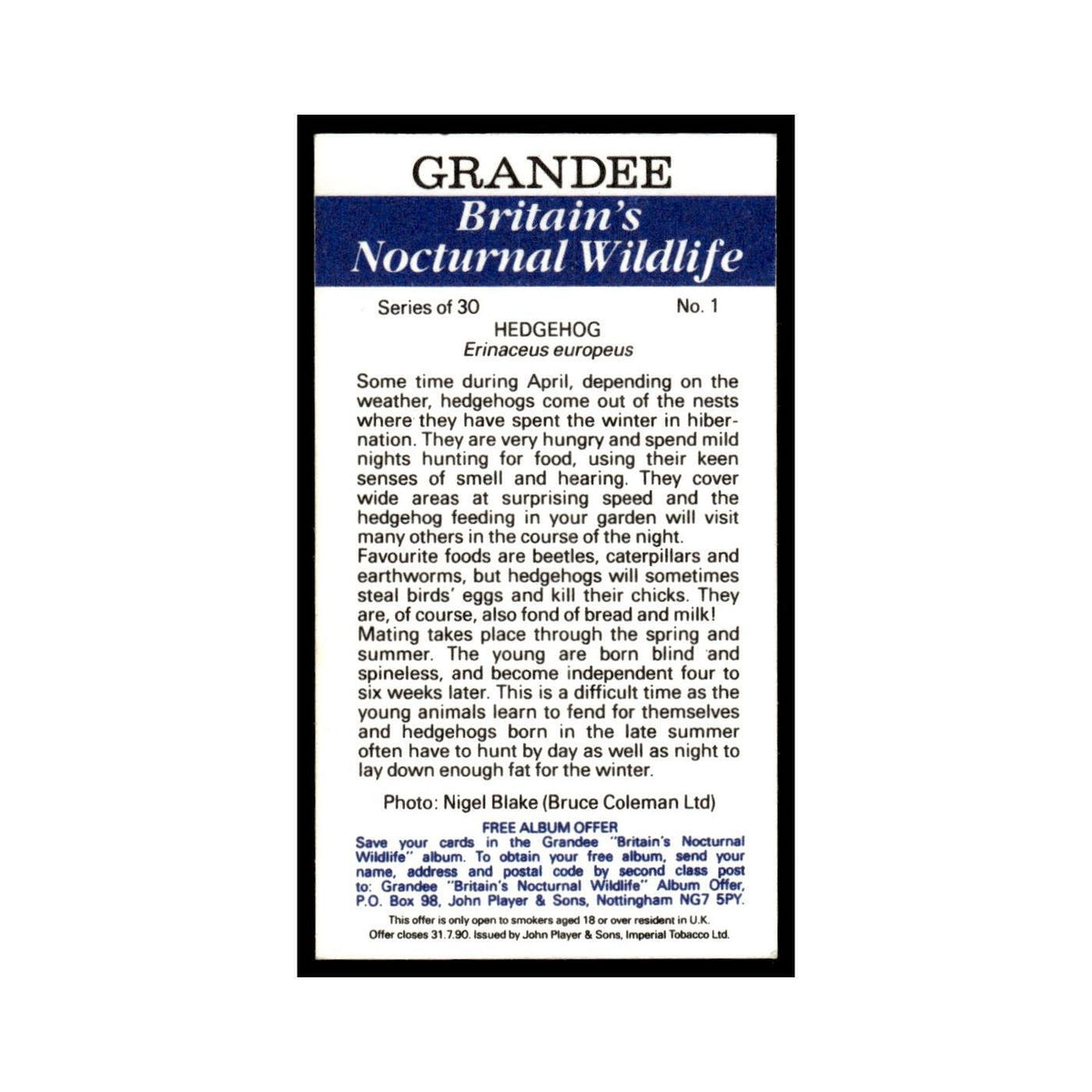 1987 Grandee Britain's Nocturnal Wildlife Hedgehog #1
