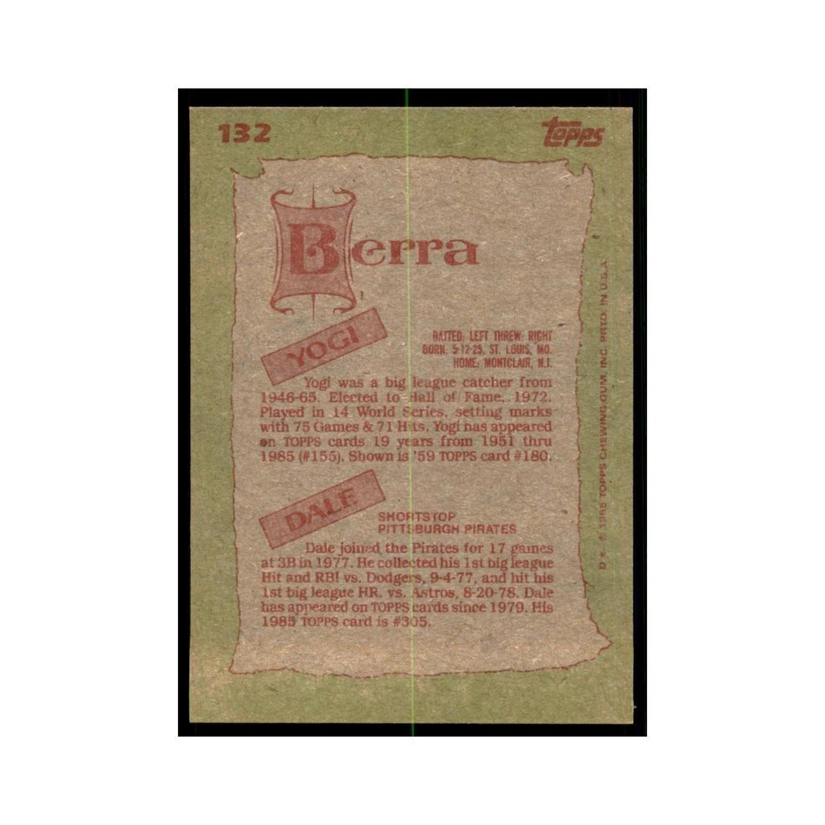1985 Topps Yogi Berra/Dale Berra Baseball Cards #132