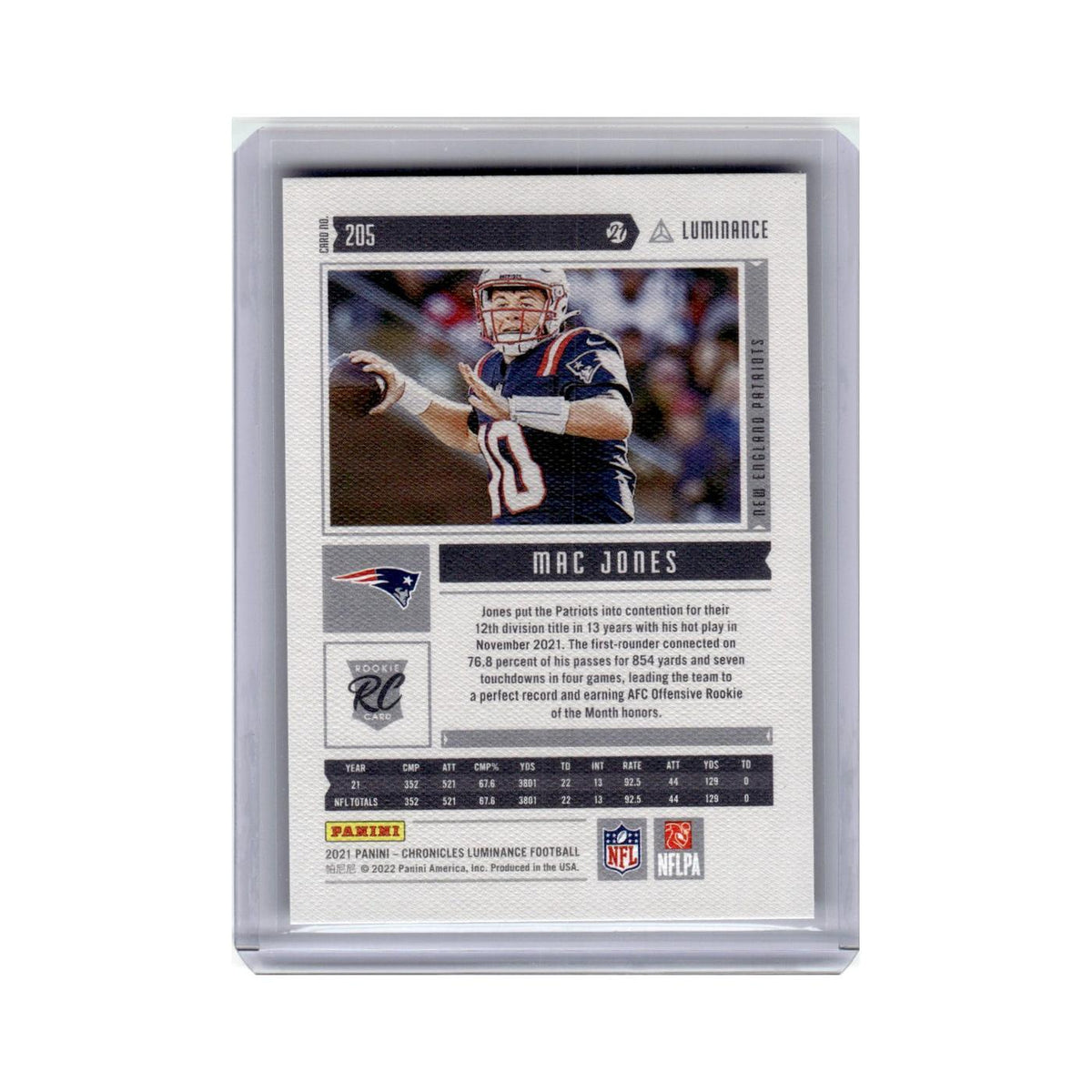 Mac Jones Rookie 2021 Panini Chronicles Luminance #205 New England Patriots NM