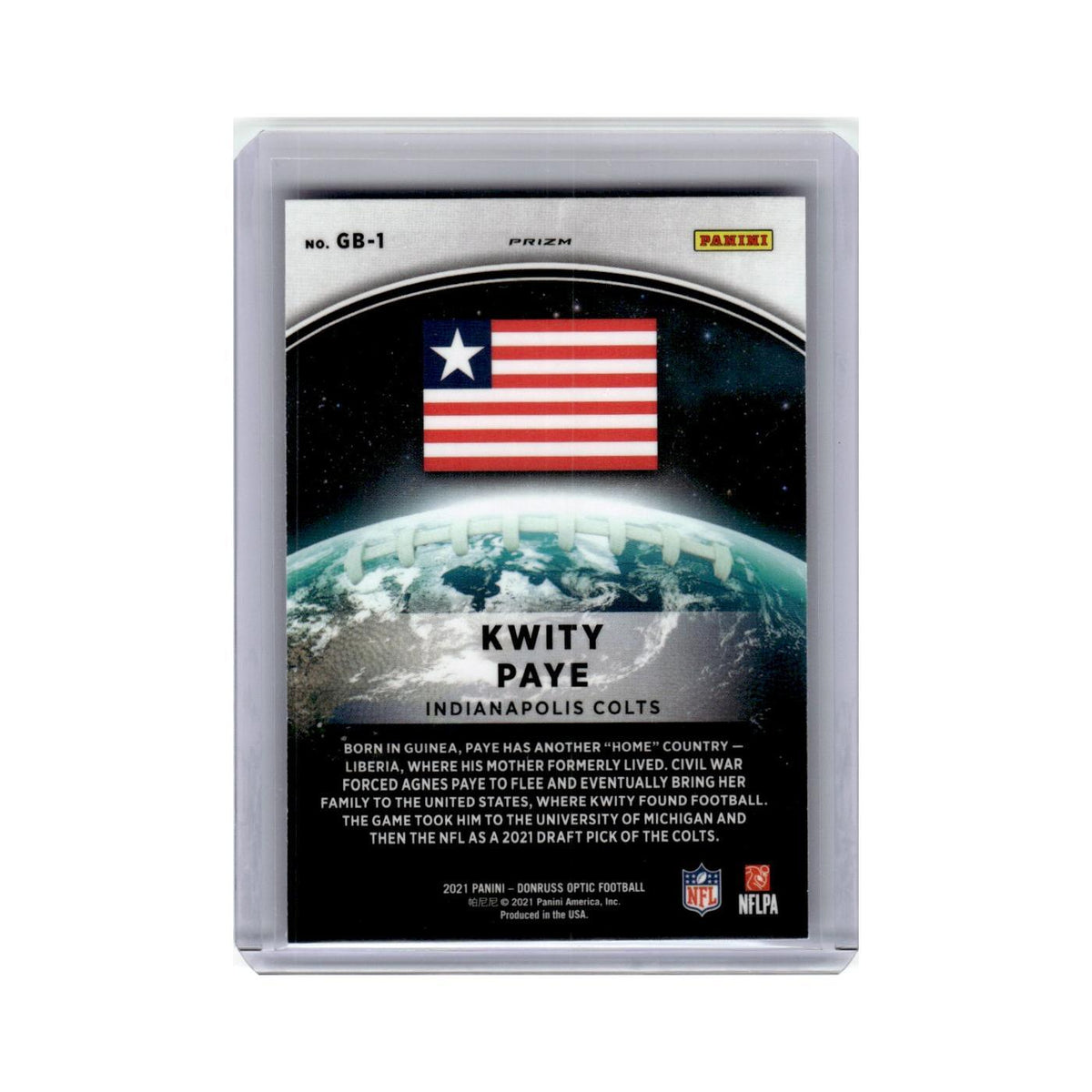 Kwity Paye 2021 Donruss Optic GloBall #GB-1 Indianapolis Colts Football Card NM