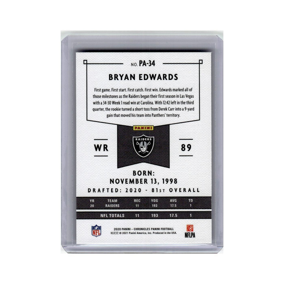 Bryan Edwards Rookie 2020 Panini Chronicles #PA-34 Las Vegas Raiders NM