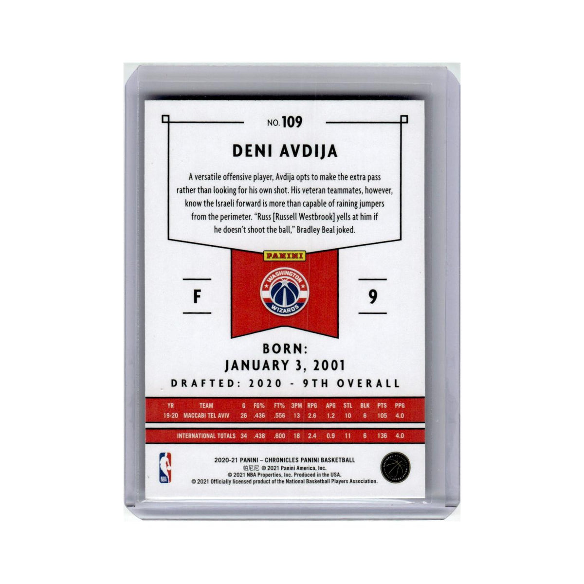 Deni Avdija Rookie 2020 Panini Chronicles #109 Washington Wizards NM