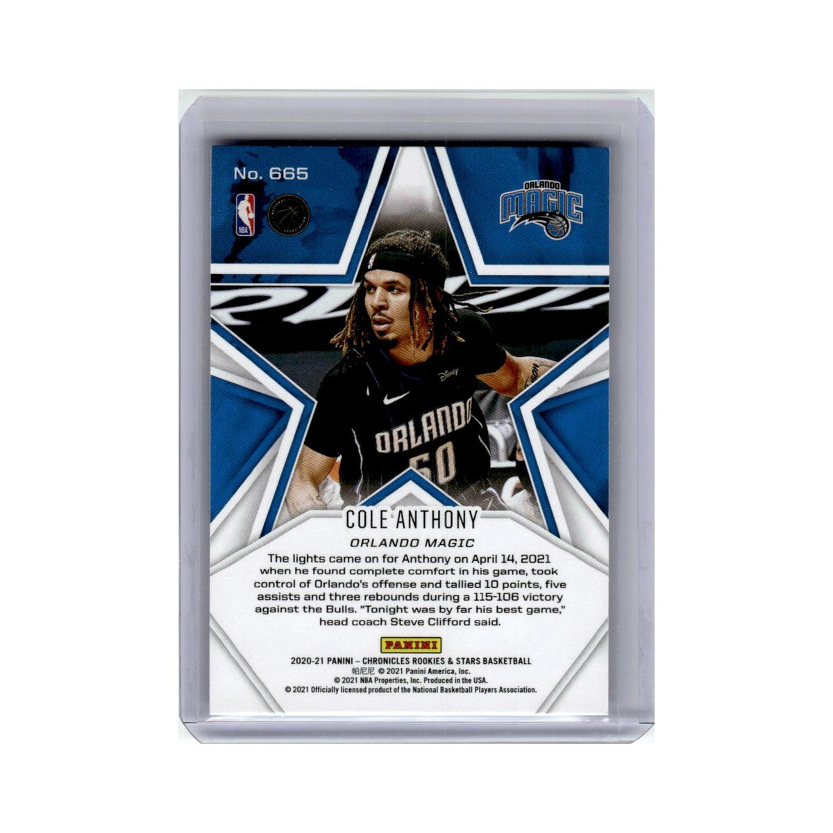 Cole Anthony Rookie 2020 Panini Chronicles Rookies Stars #665 Orlando Magic NM