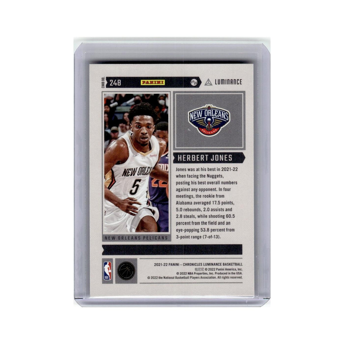 Herbert Jones Rookie 2021 Panini Chronicles Luminance #248 Pelicans NM
