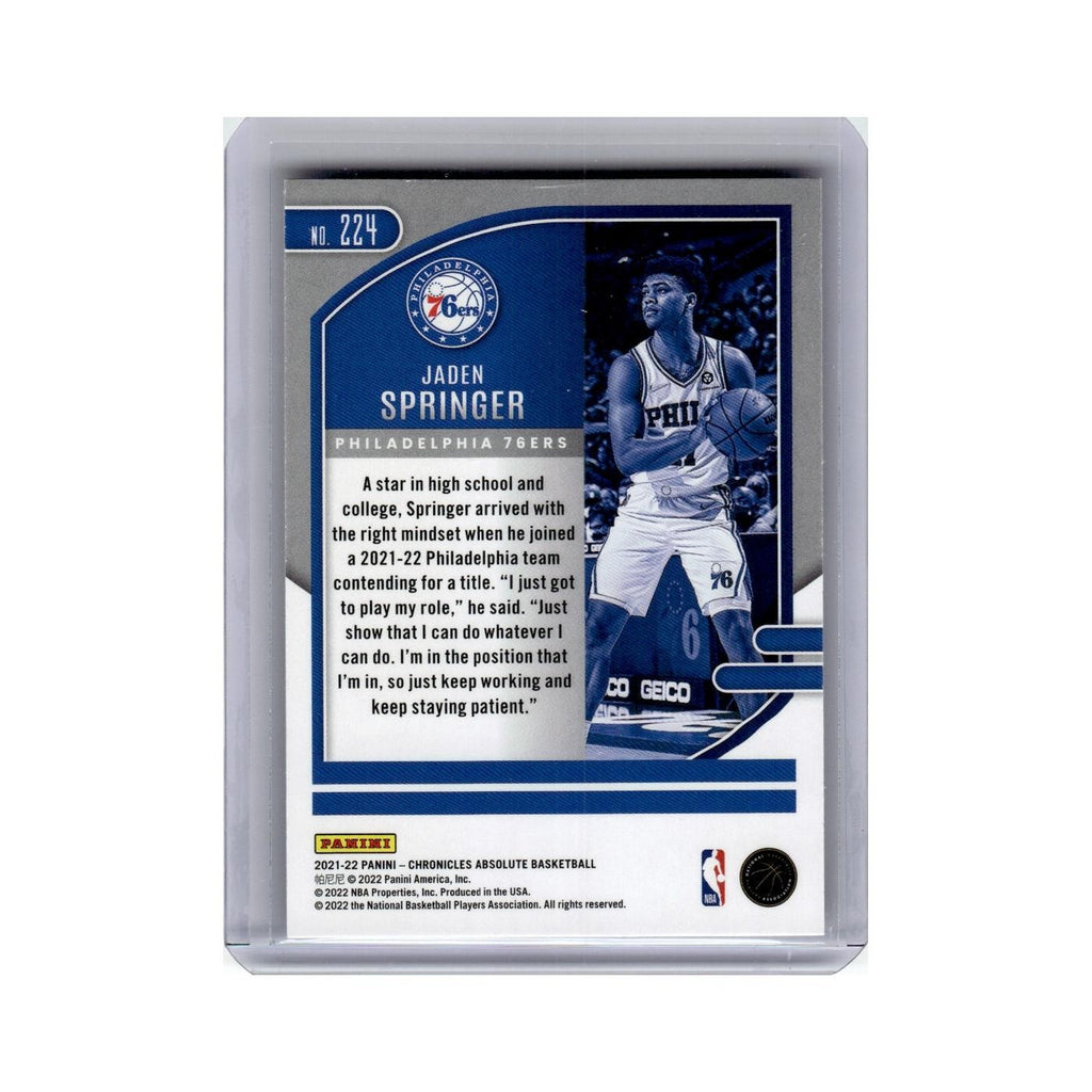 Jaden Springer Rookie 2021 Panini Chronicles Absolute #224 Philadelphia 76ers NM