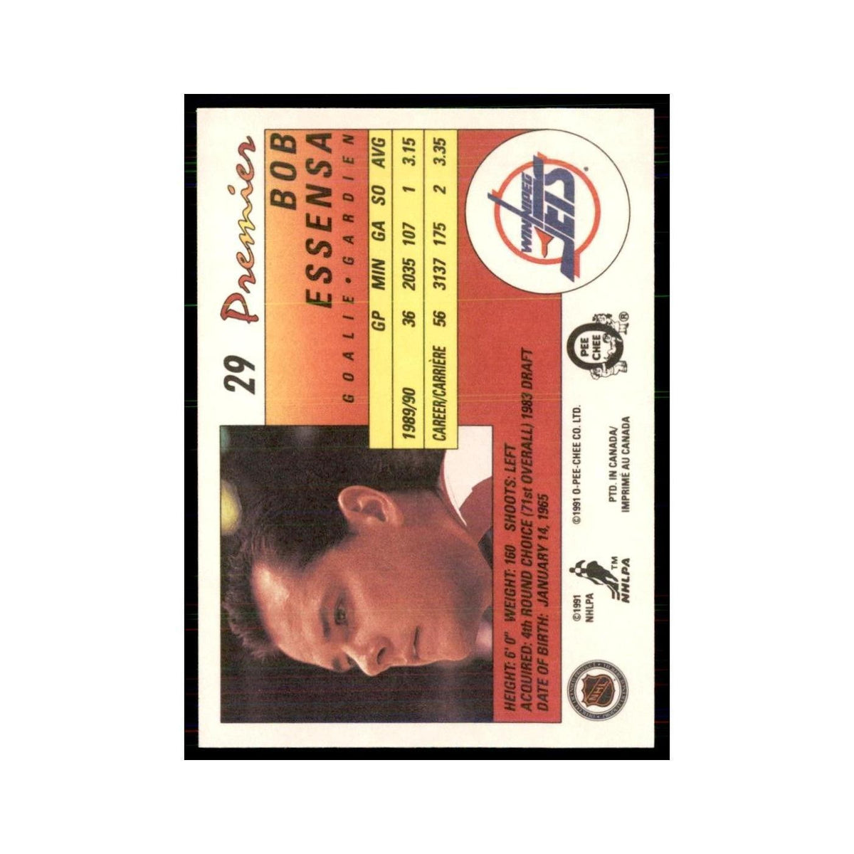 1990-91  O-Pee-Chee Premier Bob Essensa RC Winnipeg Jets #29
