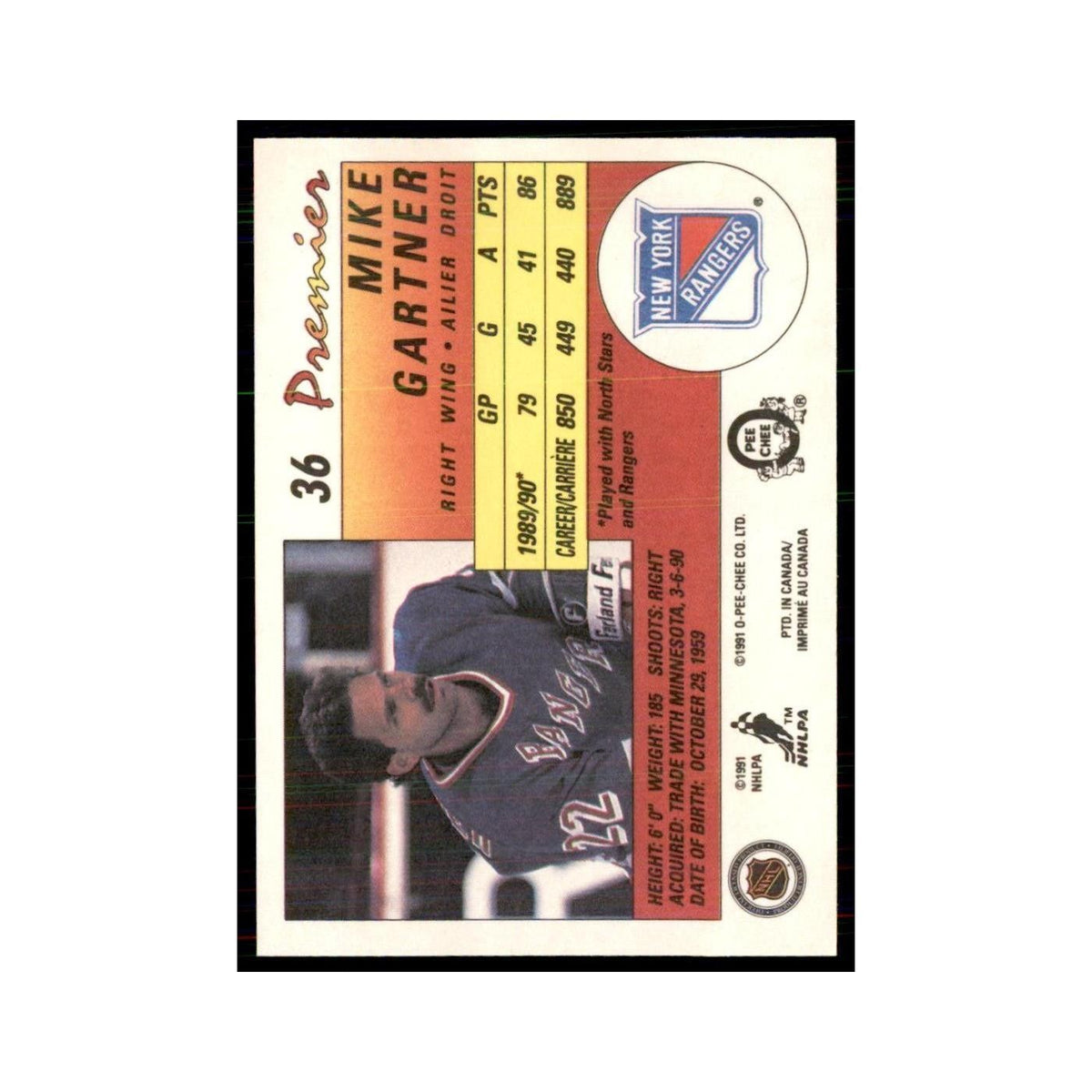 1990-91  O-Pee-Chee Premier Mike Gartner New York Rangers #36