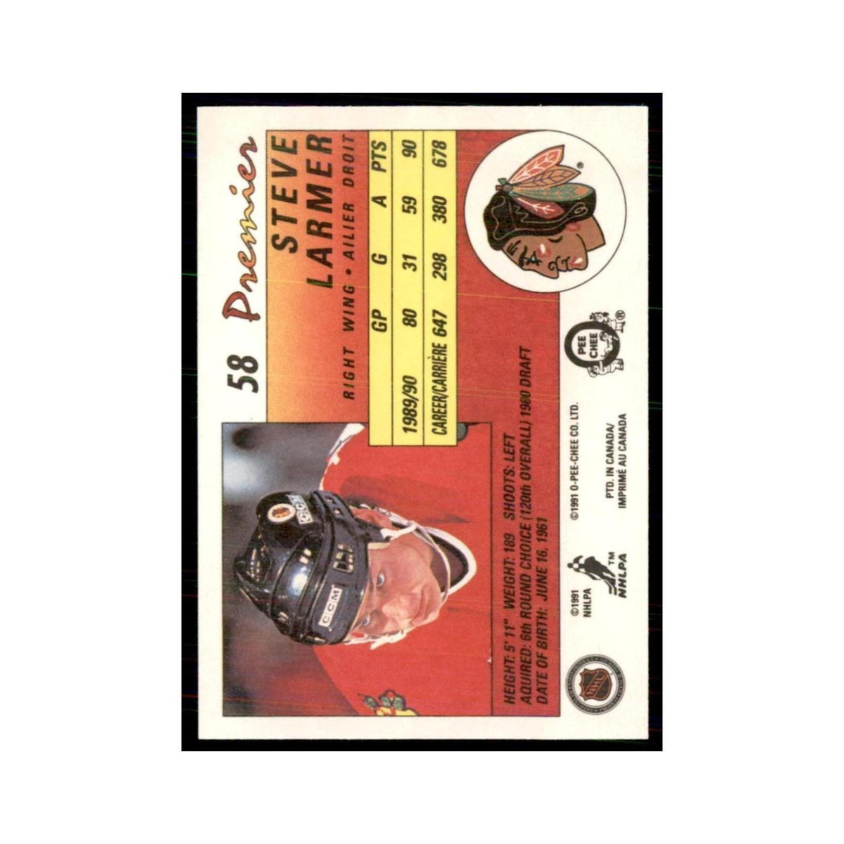 1990-91  O-Pee-Chee Premier Steve Larmer Chicago Blackhawks #58