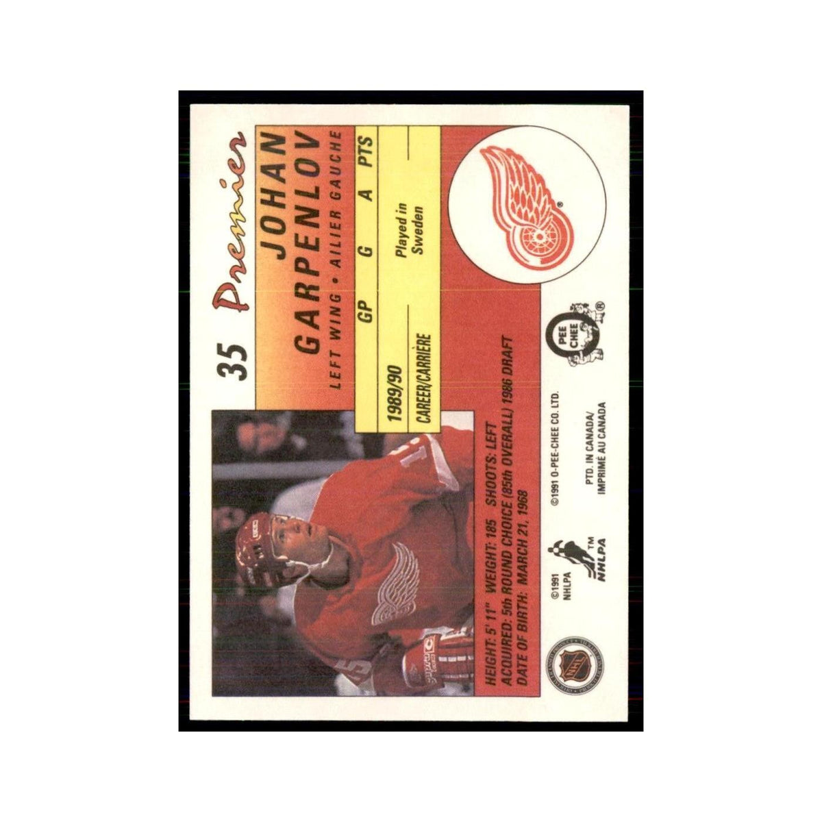 1990-91  O-Pee-Chee Premier Johan Garpenlov RC Detroit Red Wings #35