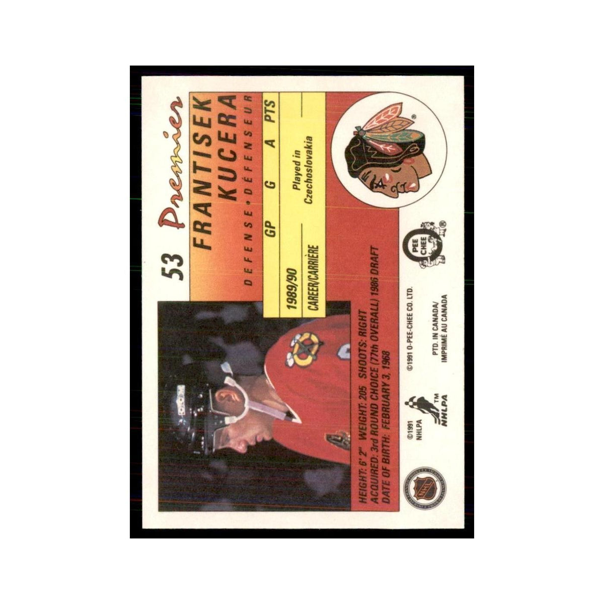 1990-91  O-Pee-Chee Premier Frantisek Kucera RC Chicago Blackhawks #53
