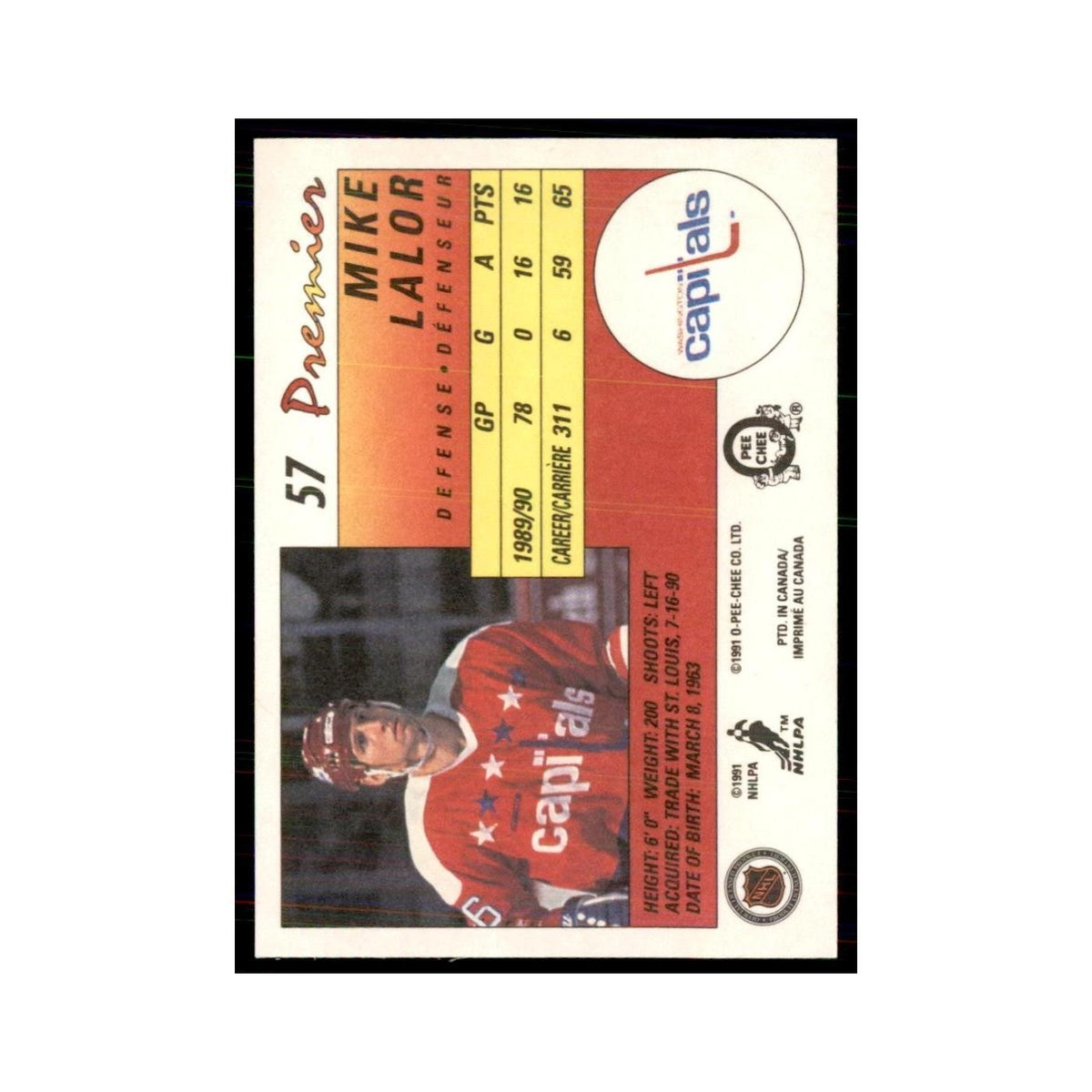 1990-91  O-Pee-Chee Premier Mike Lalor RC Washington Capitals #57