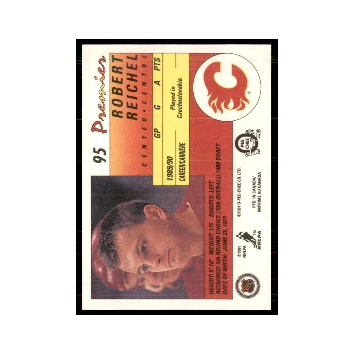 1990-91  O-Pee-Chee Premier Robert Reichel RC Calgary Flames #95