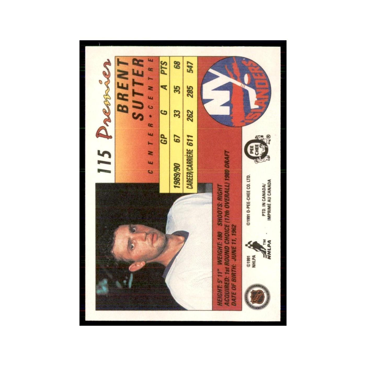 1990-91  O-Pee-Chee Premier Brent Sutter New York Islanders #115