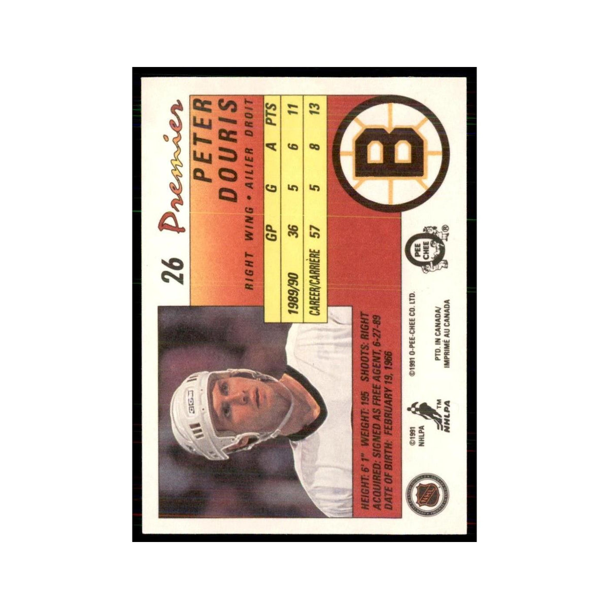 1990-91  O-Pee-Chee Premier Peter Douris RC Boston Bruins #26