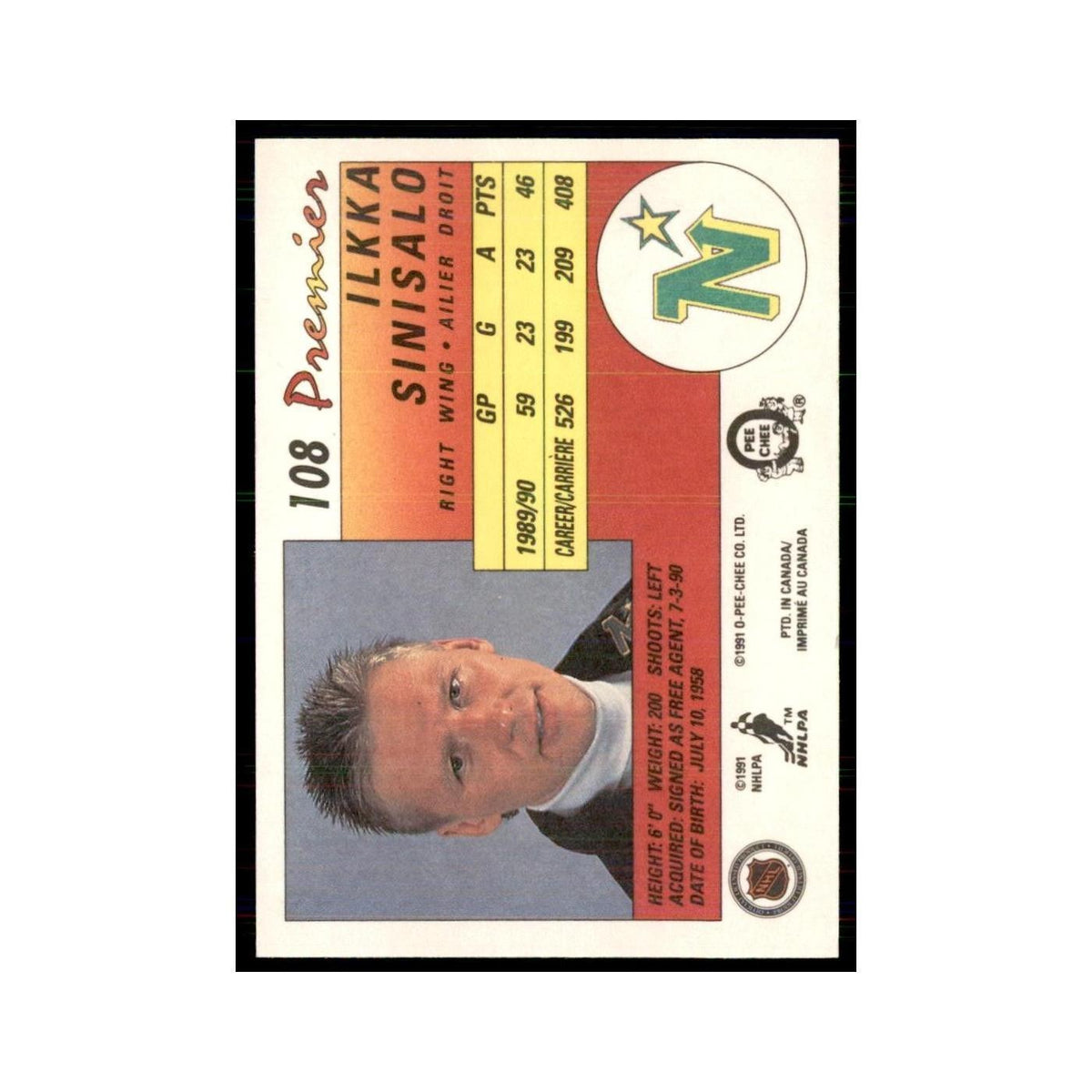 1990-91  O-Pee-Chee Premier Ilkka Sinisalo Minnesota North Stars #108