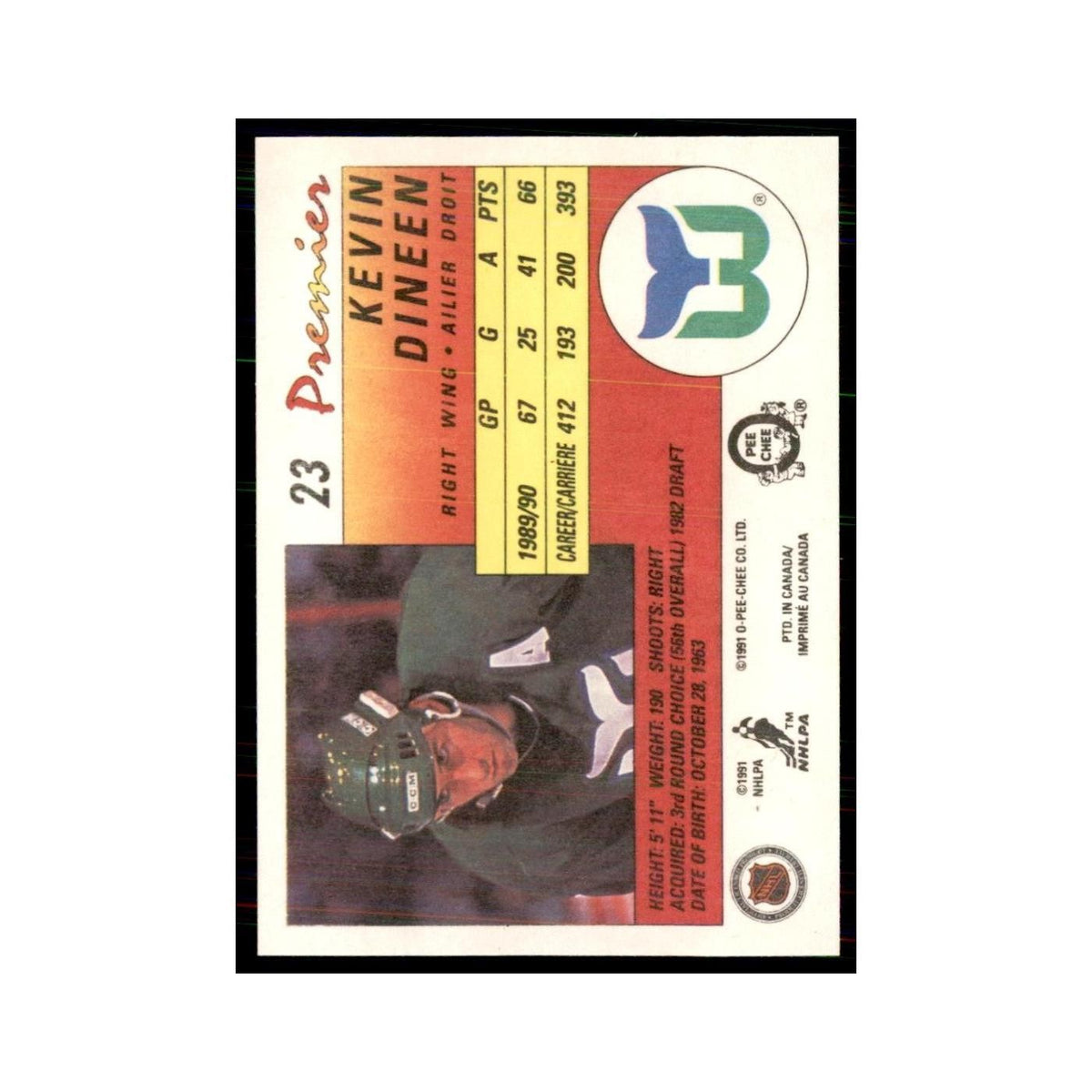1990-91  O-Pee-Chee Premier Kevin Dineen Hartford Whalers #23
