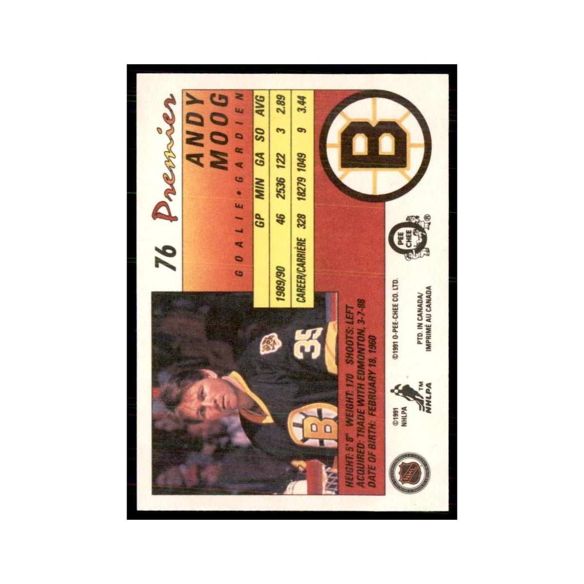 1990-91  O-Pee-Chee Premier Andy Moog Boston Bruins #76