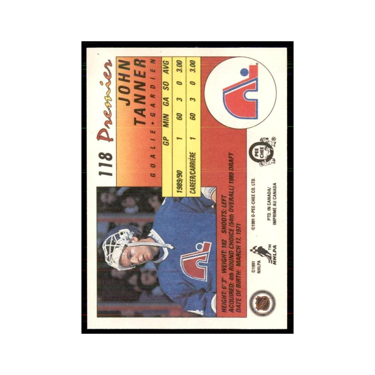 1990-91  O-Pee-Chee Premier John Tanner RC Quebec Nordiques #118