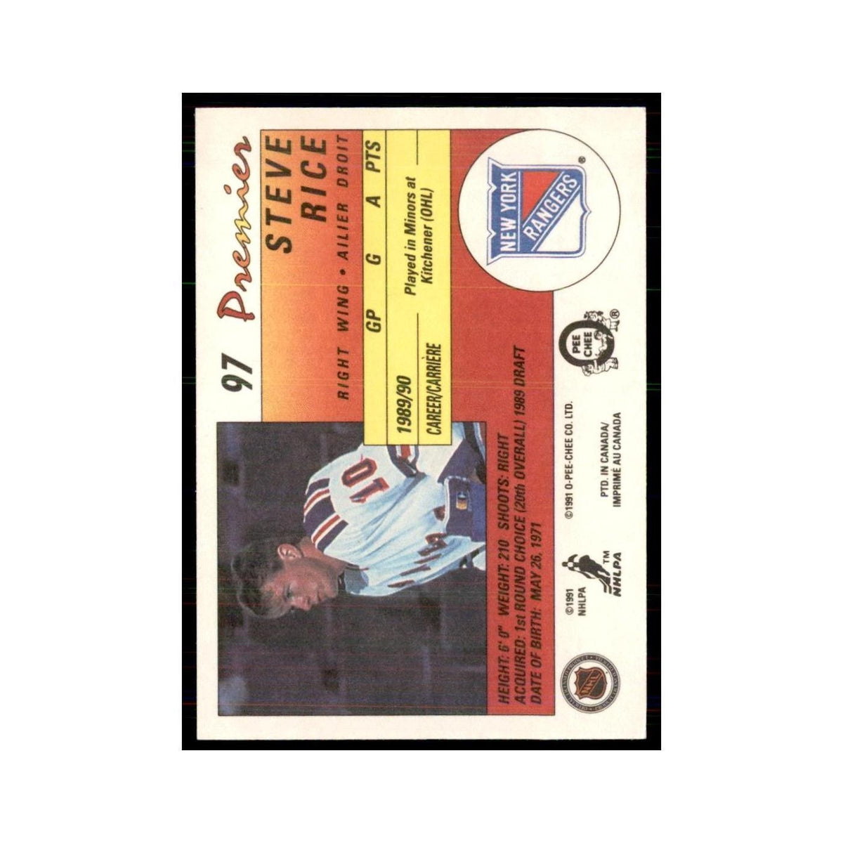 1990-91  O-Pee-Chee Premier Steven Rice RC New York Rangers #97