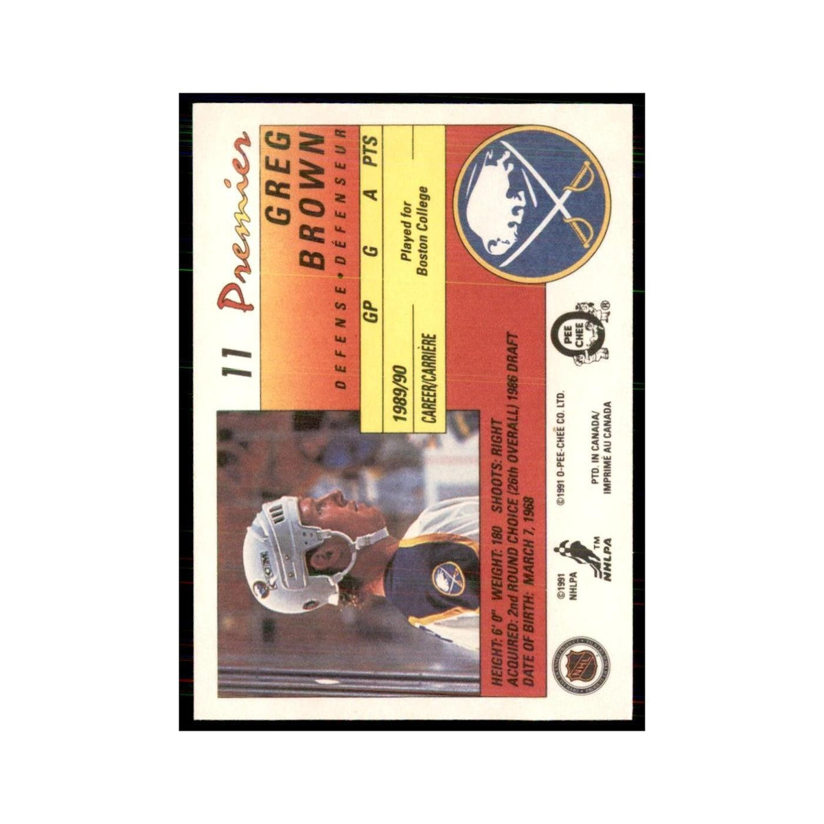1990-91  O-Pee-Chee Premier Greg Brown RC Buffalo Sabres #11