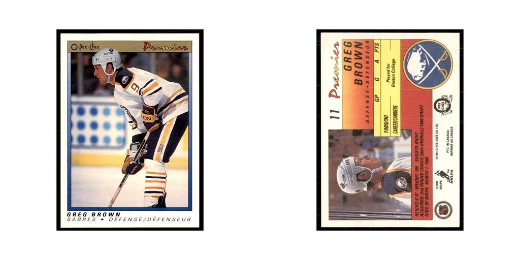 1990-91  O-Pee-Chee Premier Greg Brown RC Buffalo Sabres #11