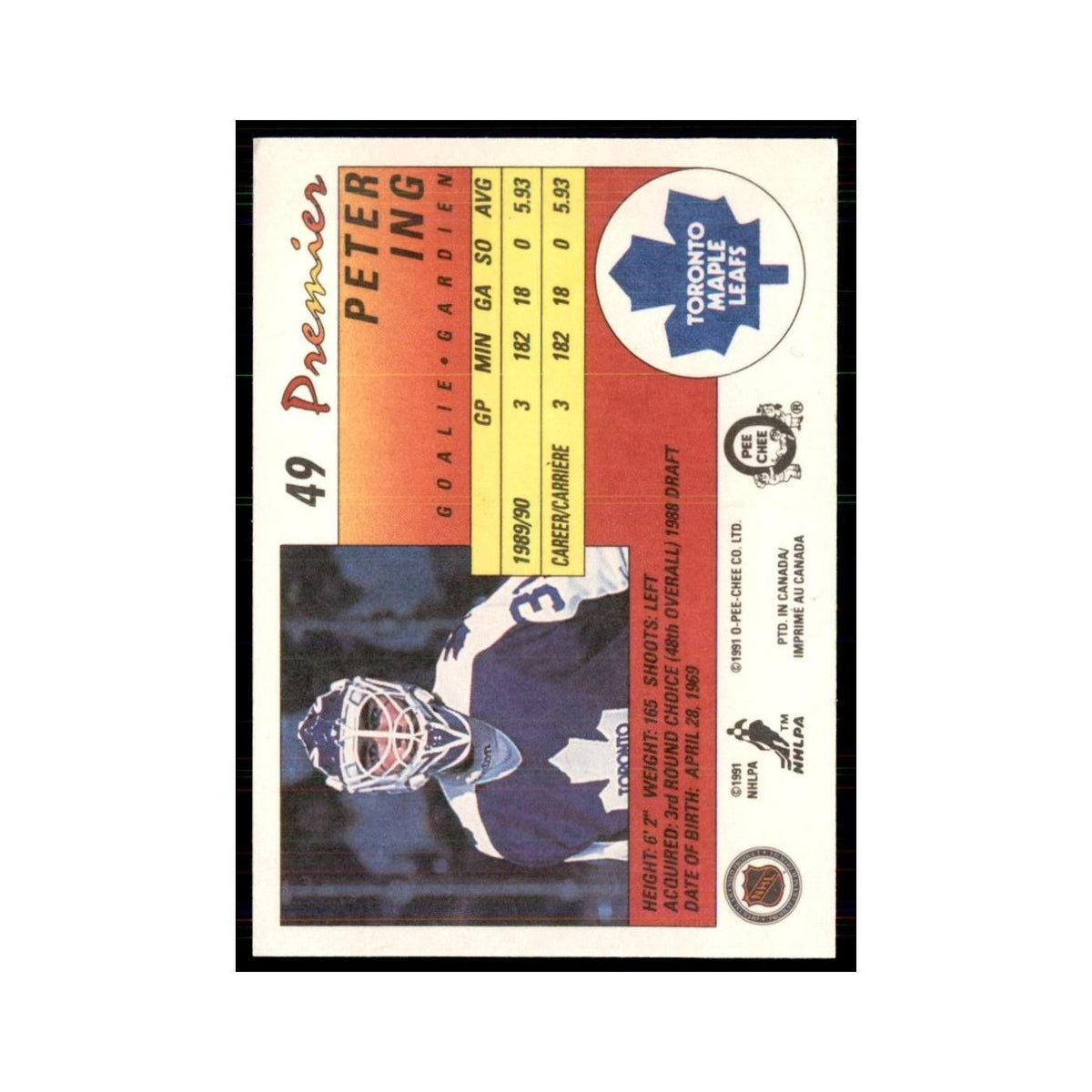 1990-91  O-Pee-Chee Premier Peter Ing RC Toronto Maple Leafs #49