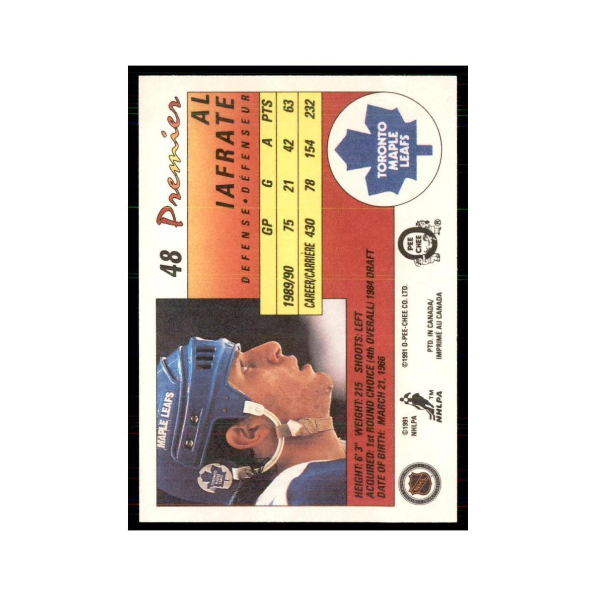 1990-91  O-Pee-Chee Premier Al Iafrate Toronto Maple Leafs #48